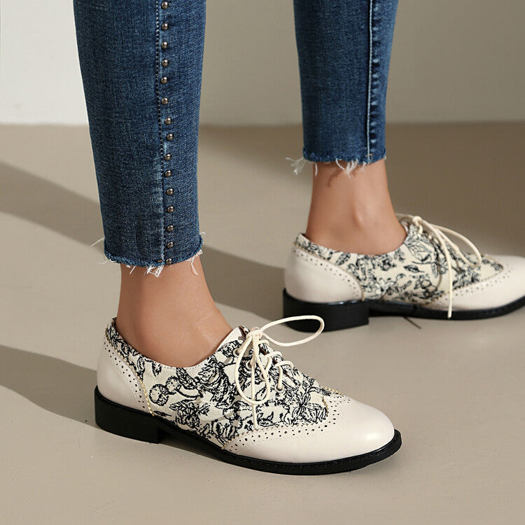 Women's Printed Lace-Up Round Toe Low Heel Oxfords Brogues Shoes