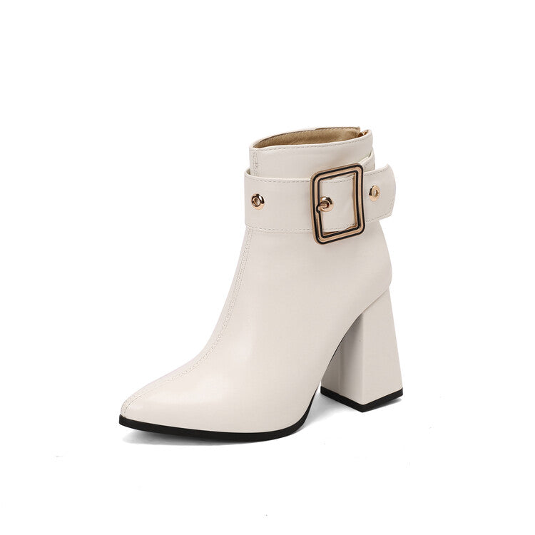 Women's Buckle Strap Pointed Toe Square Heel Ankle Boots