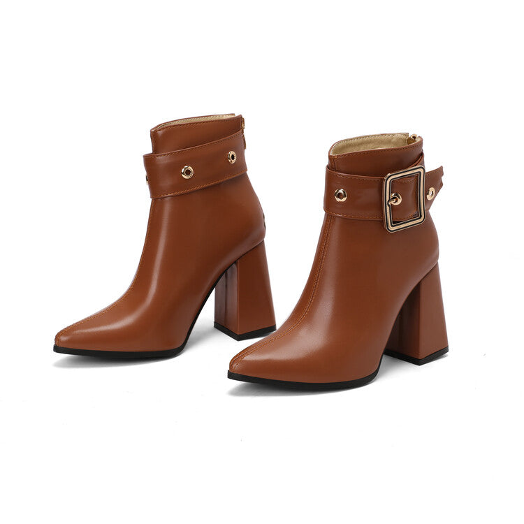 Women's Buckle Strap Pointed Toe Square Heel Ankle Boots