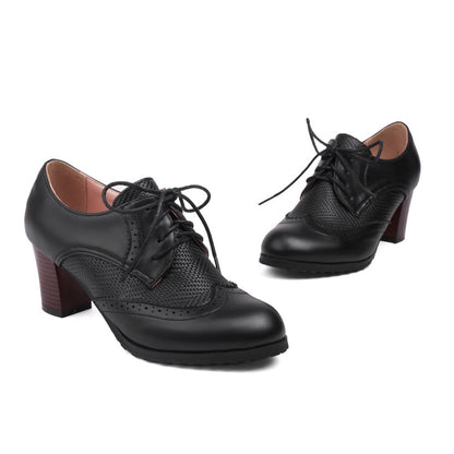 Women's Lace-Up Round Toe Block Heel Brogue Shoes