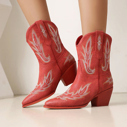 Women's Embroider Pointed Toe Block Heel Mid Calf Western Boots