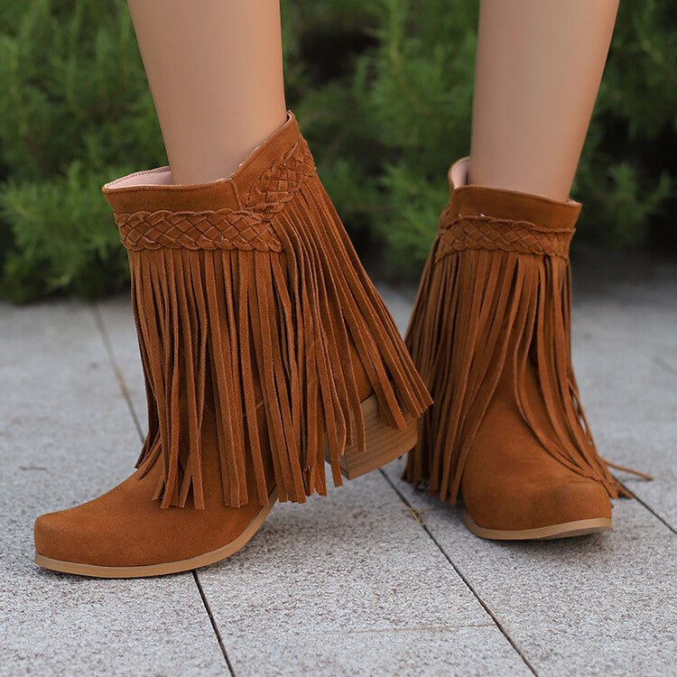 Women's Tassel Block Heel Short Boots