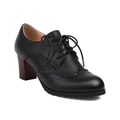 Women's Lace-Up Round Toe Block Heel Brogue Shoes