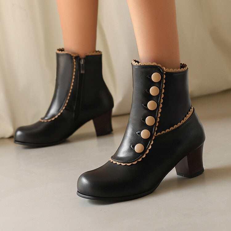 Women's Patchwork Rivets Round Toe Block Heel Ankle Boots