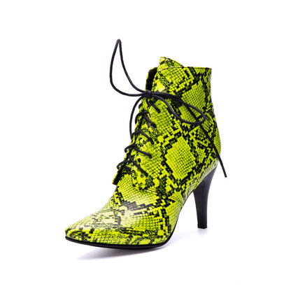 Women's Snake Pattern Lace-Up Spike Heel Ankle Boots