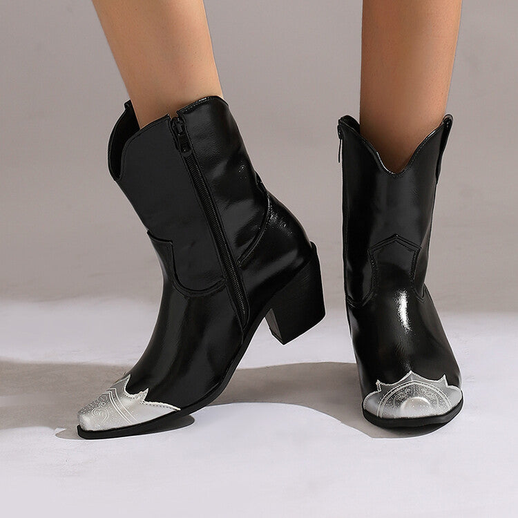 Women's Glossy Bling Pointed Toe Block Heel Short Western Boots