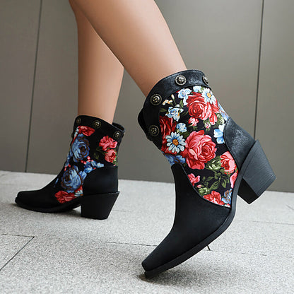 Women's Flowers Pattern Pointed Toe Block Heel Western Boots