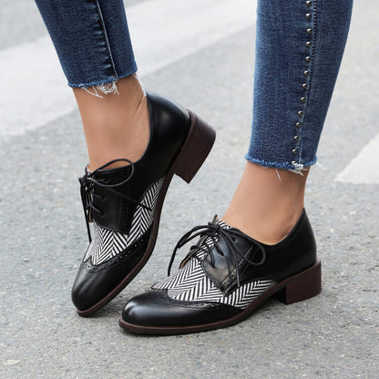 Women's Lace Up Color Blocking Brogues Low Heel Derby Shoes