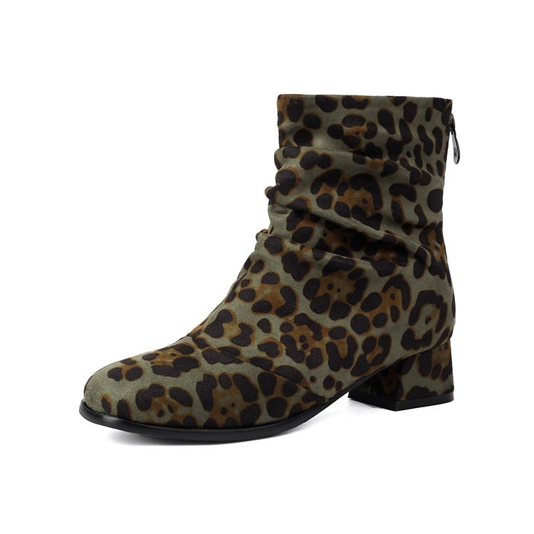 Women'S Leopard Print Round Toe Block Heel Ankle Boots