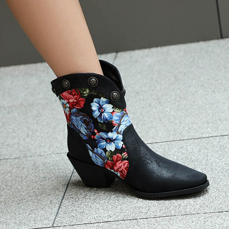 Women's Flowers Pattern Pointed Toe Block Heel Western Boots