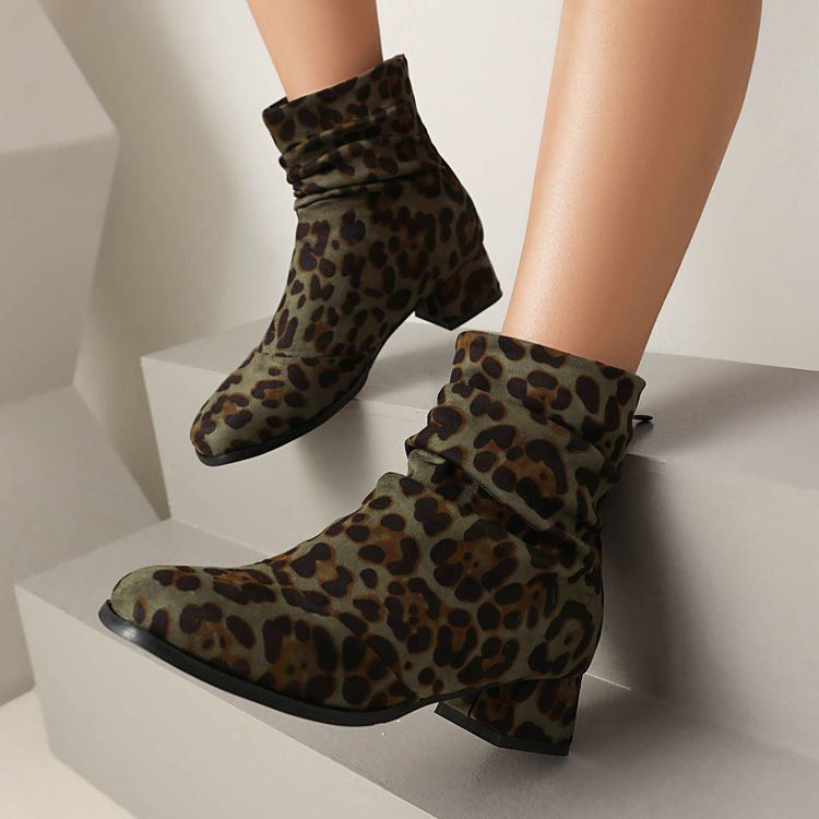 Women'S Leopard Print Round Toe Block Heel Ankle Boots