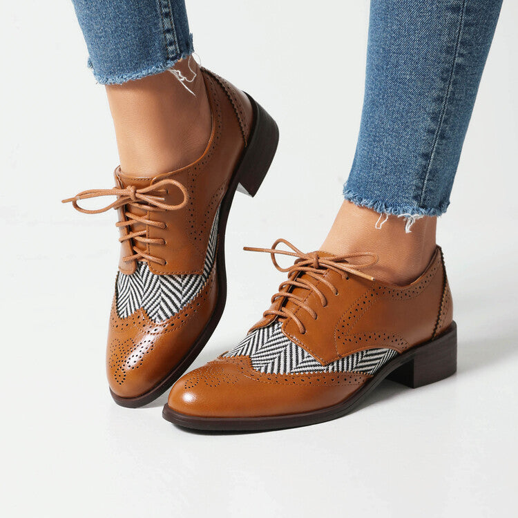 Women's Lace Up Color Matching Brogues Low Heel Derby Shoes