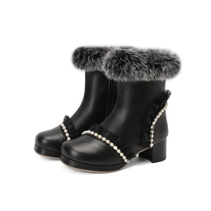 Women's Beads Round Toe Block Heel Platform Short Boots