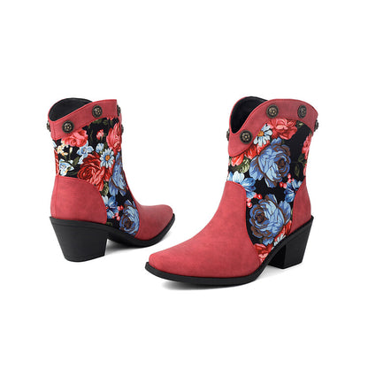 Women's Flowers Pattern Pointed Toe Block Heel Western Boots