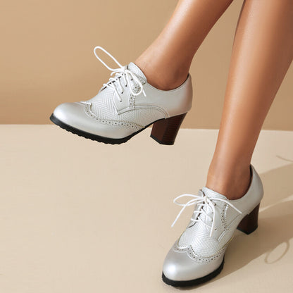 Women's Lace-Up Round Toe Block Heel Brogue Shoes