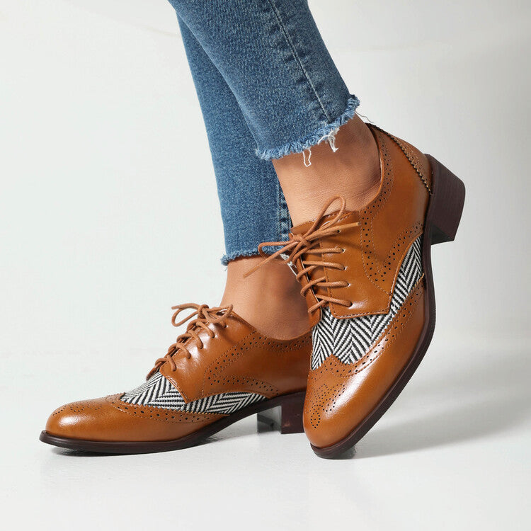 Women's Lace Up Color Matching Brogues Low Heel Derby Shoes