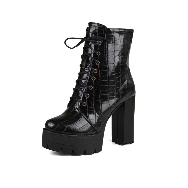 Women's Plush Lace-Up High Heel Platform Short Boots