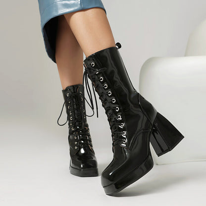 Women's Glossy Lace-Up Square Toe Block Heel Platform Short Boots