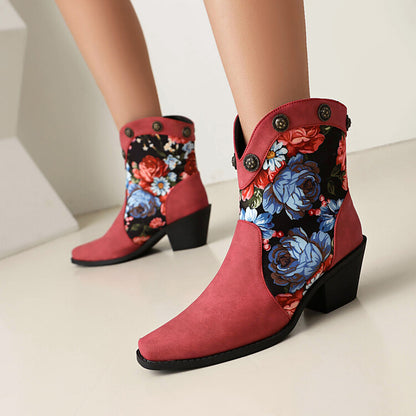 Women's Flowers Pattern Pointed Toe Block Heel Western Boots