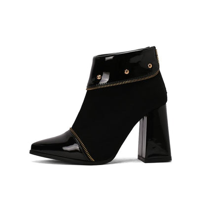 Women's Glossy Rivets Pointed Toe Block Heel Ankle Boots