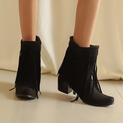 Women's Tassel Block Heel Short Boots