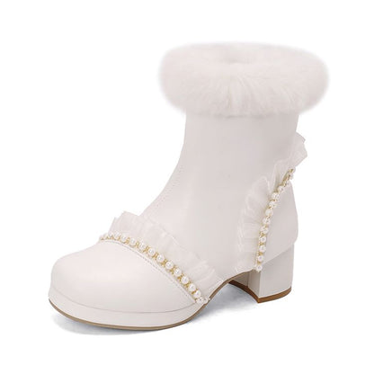 Women's Beads Round Toe Block Heel Platform Short Boots