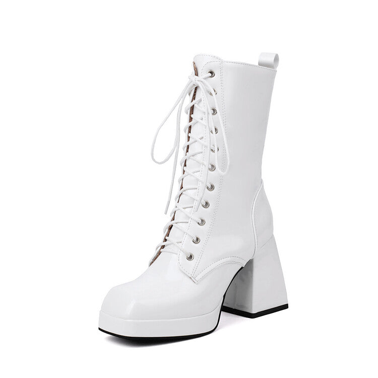 Women's Glossy Lace-Up Square Toe Block Heel Platform Short Boots