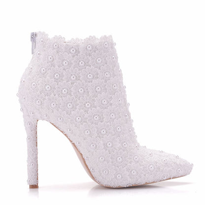 Women Lace Pearl Stiletto Heel Pointed Toe Wedding Short Boots