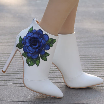 Women Embroidery Roses Stiletto Heel Pointed Toe Wedding Short Boots