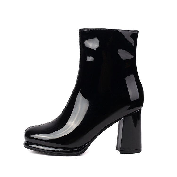 Women's Glossy Chunky Heel Platform Short Boots