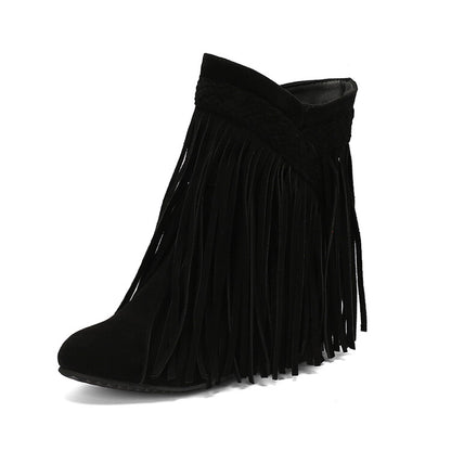 Women's Tassel Round Toe Wedge Heel Short Boots