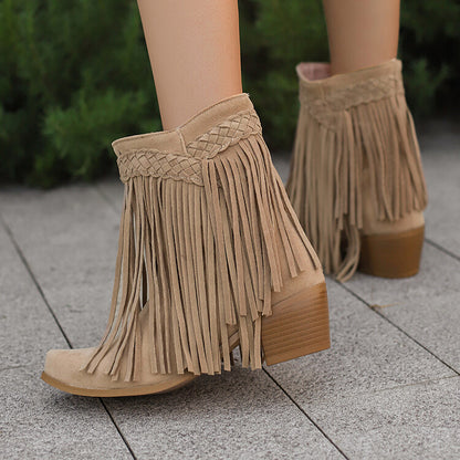 Women's Tassel Block Heel Short Boots