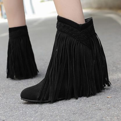 Women's Tassel Round Toe Wedge Heel Short Boots