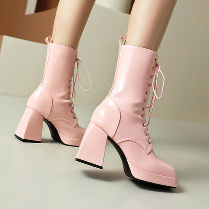 Women's Glossy Lace-Up Square Toe Block Heel Platform Short Boots