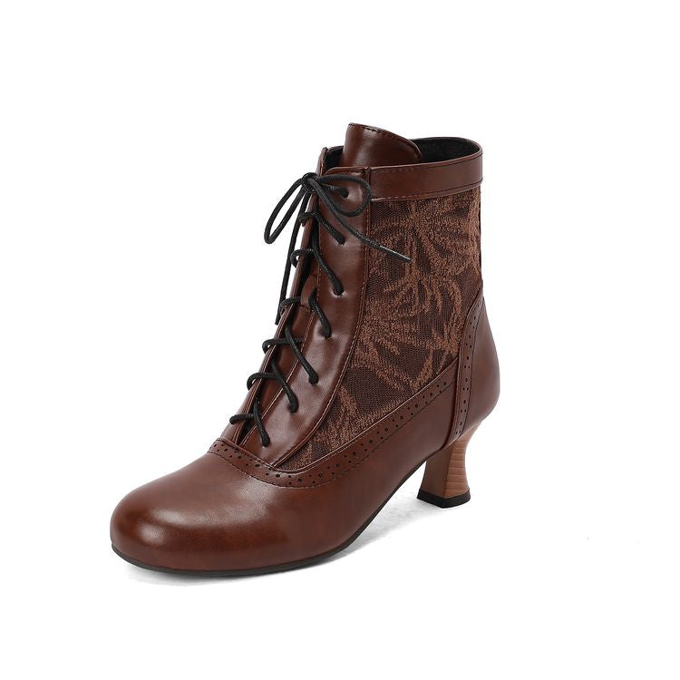 Women's Embroider Lace-Up Round Toe Hoof Heel Ankle Boots