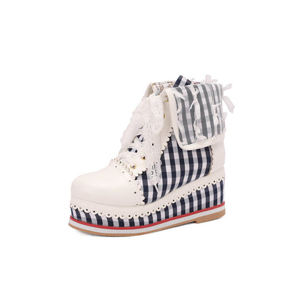 Women's Patchwork Lace-Up Round Toe Wedge Platform Short Boots