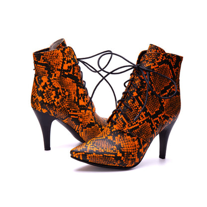 Women's Snake Pattern Lace-Up Spike Heel Ankle Boots