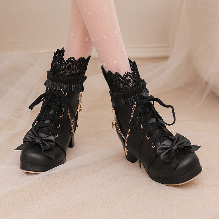 Women's Lace Bows Round Toe Square Heel Platform Ankle Boots