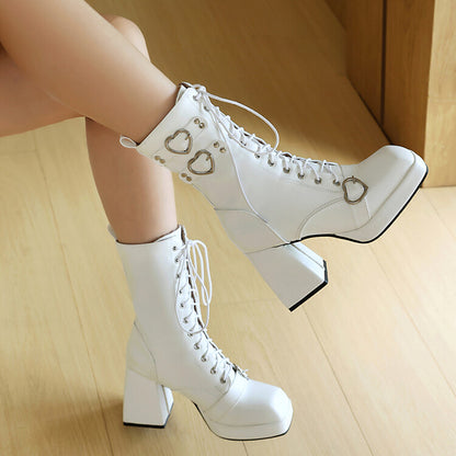 Women's Love Heart Buckle Square Toe Block Heel Platform Short Boots