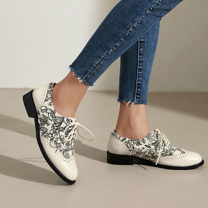 Women's Printed Lace-Up Round Toe Low Heel Oxfords Brogues Shoes