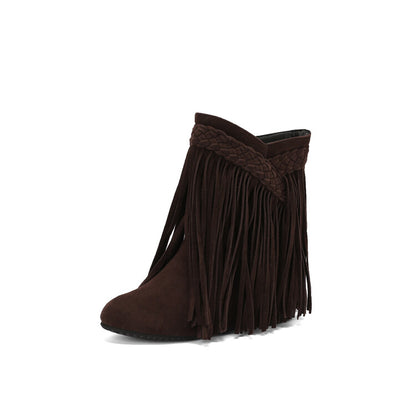 Women's Tassel Round Toe Wedge Heel Short Boots