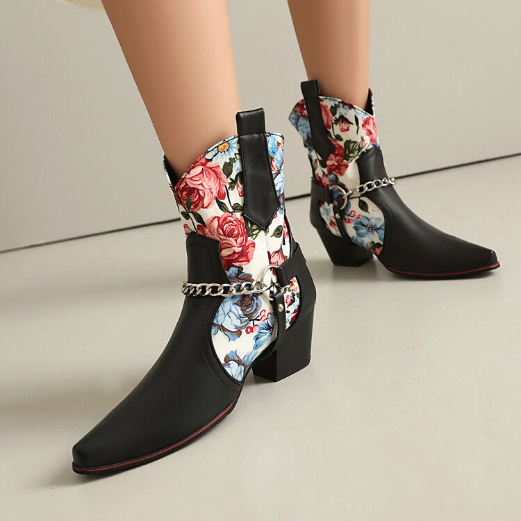 Women's Flowers Chains Pointed Toe Block Heel Short Western Boots