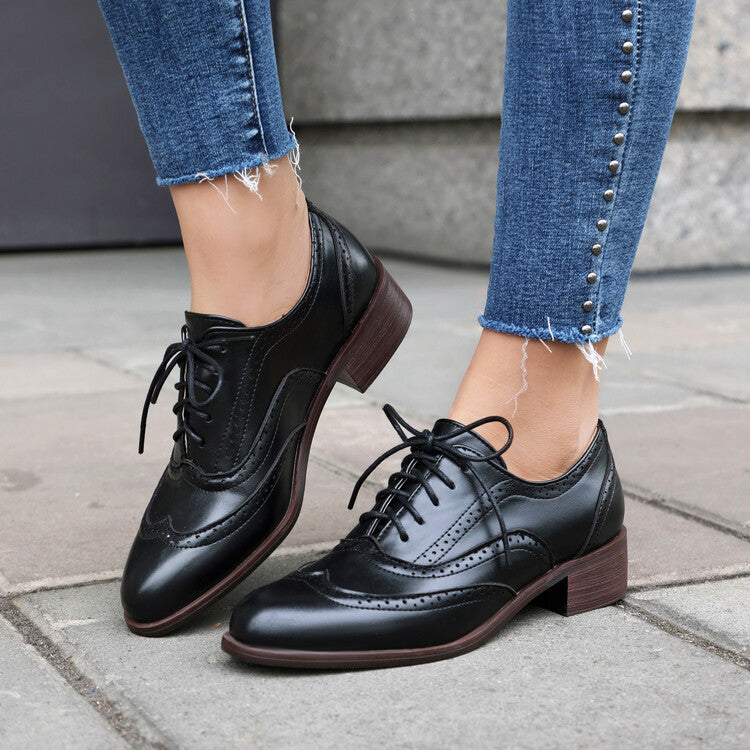 Women's Brogue Low Heel Lace Up Oxford Shoes