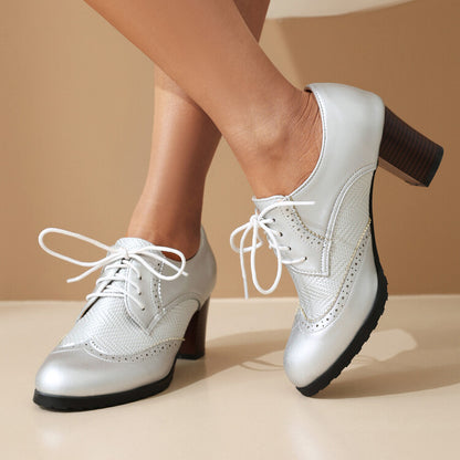 Women's Lace-Up Round Toe Block Heel Brogue Shoes