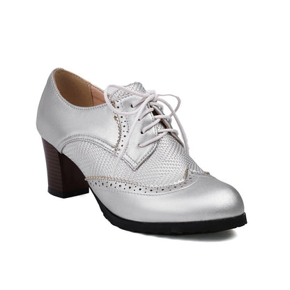 Women's Lace-Up Round Toe Block Heel Brogue Shoes