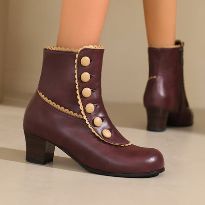 Women's Patchwork Rivets Round Toe Block Heel Ankle Boots