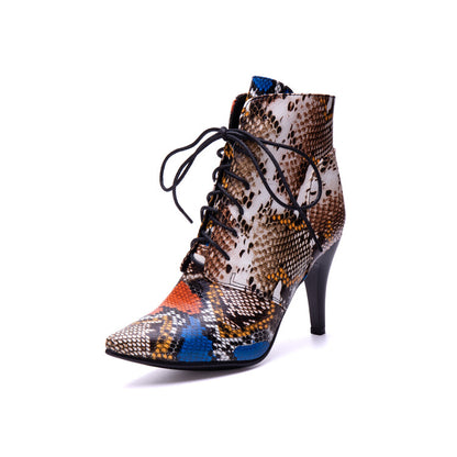 Women's Snake Pattern Lace-Up Spike Heel Ankle Boots