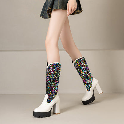 Women's Plush Dots Sequins Platform High Heel Mid Calf Boots