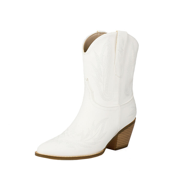 Women's Embroider Pointed Toe High Heel Mid Calf Western Boots