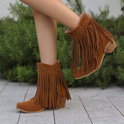 Women's Tassel Block Heel Short Boots